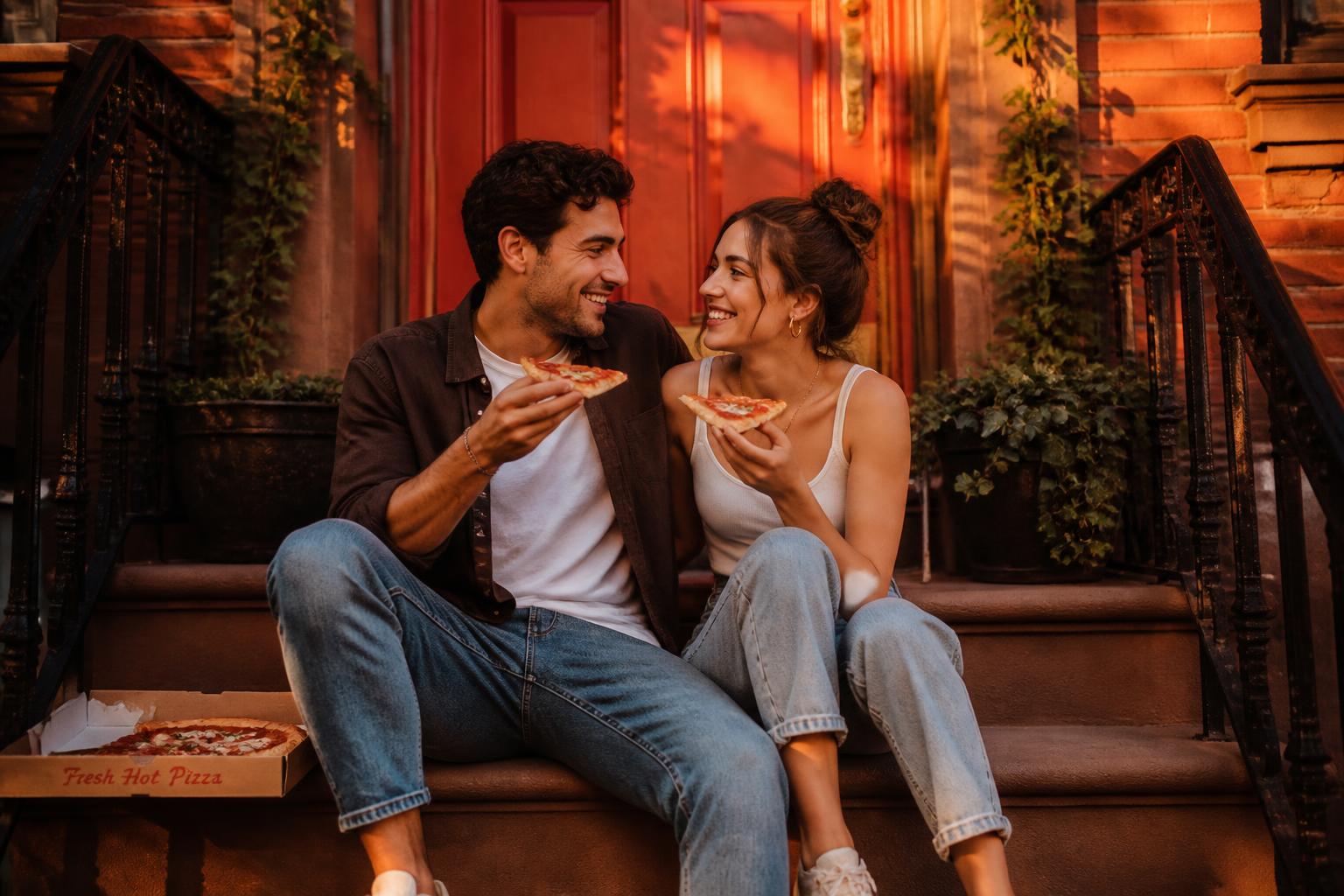 A couple sharing pizza on a New York brownstone stoop